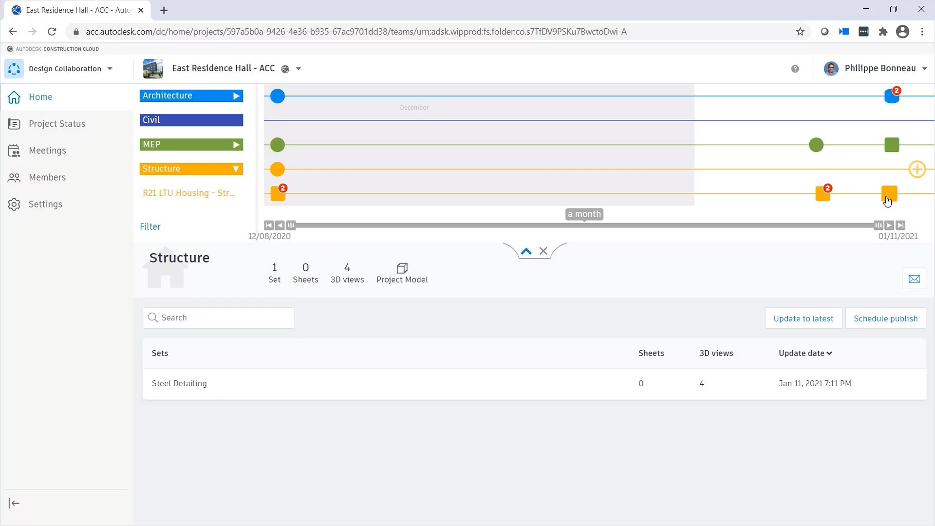 Secuencia temporal del proyecto en el módulo Design Collaboration de BIM Collaborate Pro